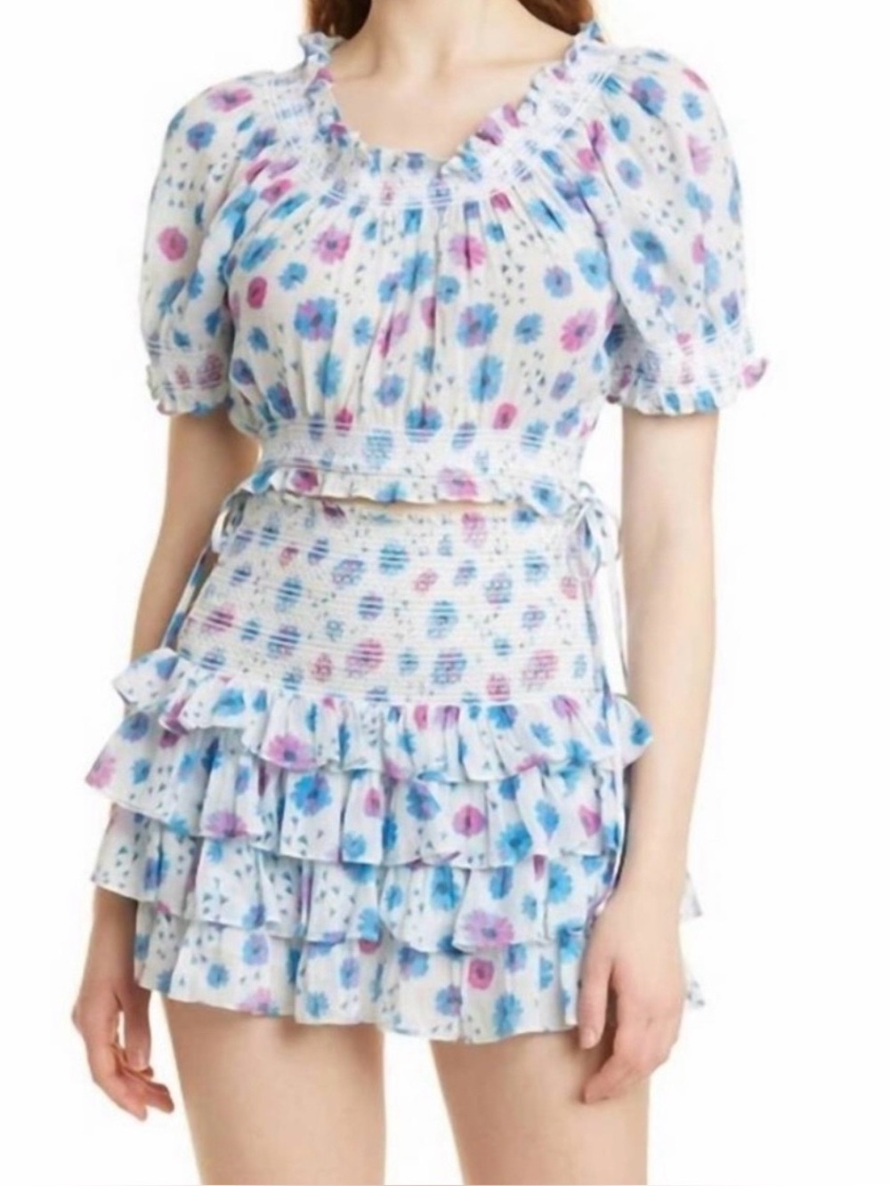 LoveShackFancy Blue and Purple Floral Blouse
